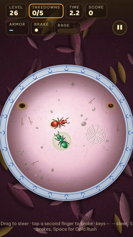 Playing level 26 inside a porcelain bowl: Kim the green ant facing a red ant, with takedowns, time and score at the top
